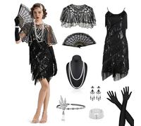 Joellfuner Vestito Charleston Donna Anni 20, 1920s Vestito da Flapper Elegante con Scialle e Accessori, Abito Vintage Anni Venti con Paillettes e Frange per Feste a Tema, Carnevale e Halloween (L)