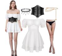 Joellfuner Vestito Medievale Donna, Costume da Pirata da Donna Bianco, Abbigliamento Rinascimentale Vittoriana con Vestito, Cintura, Catena in Vita, Calze per Halloween Carnevale (Maniche corte, L)