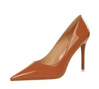 JOEupin Delle donne Pompe 4 "Tacchi Alti per Le Donne A Punta Chiusa In Pelle Vernice Sexy A Spillo Tacco Da Sposa Ritorno A Casa Scarpe Da Ballo, Marrone, 40 EU