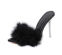 JOEupin Sandali da donna con tacco grosso e piume soffici trasparenti, Nero , 35.5 EU