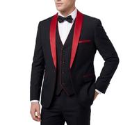 JOEupin Set da smoking da uomo, 3 pezzi, con scialle e risvolto, con un bottone, giacca, pantaloni, vestibilità aderente, per feste, matrimoni, balli, Nero e rosso, L