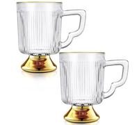 Joeyan 12 once Tazze da caffè in vetro con manico, 350ml Set di 2 Tazze da caffè trasparenti a coste vintage, Tazze da tè per tè latte Cappuccino Espresso, Bicchieri con montatura dorata