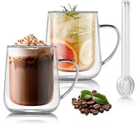 Joeyan 2 * 400ml (13.5oz) Set Tazzine Caffe,Bicchieri da Espresso a Doppia con Manico,Vetro Borosilicato,Bicchieri Termici da The,Tazza Termica per Birra Cappuccino Macchiato Succo Acqua Americano
