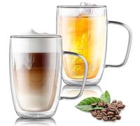 Joeyan 2*500ml (17oz) Set Tazzine Caffe Grande, Bicchieri da Birra a Doppia Parete con Manico,Vetro Borosilicato,Bicchieri Termici da The,Tazza Termica per Cappuccino Macchiato Succo Acqua Americano