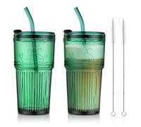 Joeyan 2 Pezzi 550ml Grande Bicchieri da Acqua Verde con Coperchio e Cannuccia,Tazza da Caffè Rilievo di Balena, Ermetico e Impermeabile,Coppe in Vetro Portatile Interno Esterno per Tè Smoothie Succo
