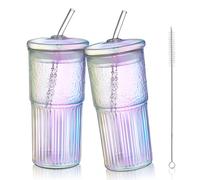Joeyan 2 Pezzi 650ml Grandi Arcobaleno Bicchieri Vetro con Cannuccia e Coperchio,Bottiglie Colorate a Tumbler,iridescenti Tazza per Succhi Smoothie Bubble Tea Caffè Freddo,Lavabili in Lavastoviglie