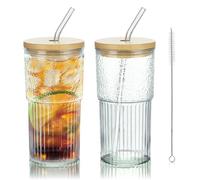 Joeyan 2 Pezzi Bicchiere in Vetro Borosilicato da 720ml/24oz con Cannuccia e Coperchio - Tazza Grande per Smoothie,Cocktail,Caffè e Latte - Lavabile in Lavastoviglie, Senza BPA - Trasparente