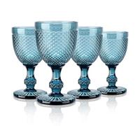 Joeyan 270ml 4 pezzi Vintage Blu Calici da Vino a Rilievo di Diamanti | Memento Set Bicchieri Vino e Acqua Vetro Colorati Geometrie per il Bar Del Ristorante Matrimoni, Lavabile in lavastoviglie