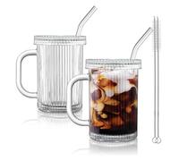 Joeyan 390ml Bicchieri per Bere in Vetro Ripple con Cannuccia e Coperchio, Set di 2 Bicchieri d'Acqua in Vetro Trasparente con Maniglia per Bevande Ghiacciate Caffè Tè