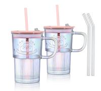 Joeyan 430 ml Iridescente Bicchieri con Cannuccia e Coperchi in Vetro,Tazza da Caffè Ghiacciata con Manico,Bubble Tea Tazza con Motivo,per Frappè Acqua Succhi,Set di 2