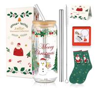 Joeyan 600ml Albero di Natale Bicchieri con Coperchio e Cannuccia, Forma di Lattina Tazza da caffè Caldo, Riutilizzabile Tazza da tè con Bolle,Barattolo di Vetro a Bocca Larga, Regali di Natale
