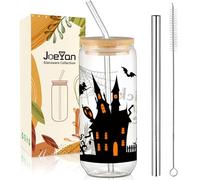 Joeyan 600ml Bicchieri Halloween con Coperchio e Cannuccia,Tumbler con Gatto e Casa Stregata,Tazza di Vetro da Caffè Caldo,per acqua Birra Matcha Smoothie Bubble Tea,Regalo e Decorazione per Feste