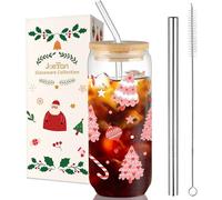 Joeyan 600ml Bicchieri Natalizi con Coperchio e Cannuccia,Tumbler Vetro con Rosa Albero di Natale,Forma di Lattina Tazza da Caffè Caldo,per acqua Matcha Caffè Freddo Frappé Bubble Tea,Ideale Regalo