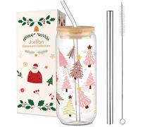 Joeyan 600ml Bicchieri Natalizi con Coperchio e Cannuccia,Vetro Tumbler con Rosa Albero di Natale,Forma di Lattina Tazza da Caffè Caldo,per acqua Matcha Caffè Freddo Frappé Bubble Tea,Ideale Regalo