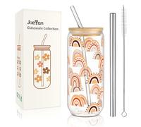 Joeyan 600ml Tazza da bere in vetro con coperchi e cannucce in bambù, decorata con motivi arcobaleno,tumbler in vetro per caffè ghiacciato, bubble tea,Regalo di vetro per Anniversari compleanni Natale