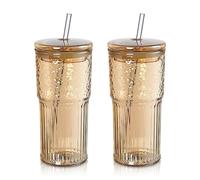 Joeyan 650ml Bicchieri con Cannuccia e Coperchio in Vetro,Set di 2,Ambra | Grandi Borosilicato Bubble Tea Tumbler, Tazza a Coste per Cocktail Frullati Caffè Acqua, Lavabili in Lavastoviglie