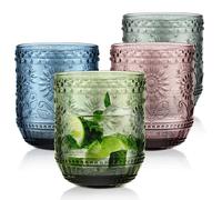 Joeyan Bicchiere Acqua Vetro Colorati, Set di 4, Bicchieri Impilabili da 360 ml Bicchiere con Fiore Moderni in Rilievo, per Succhi, Birra, Cocktail, Limonata, Succo Lavabile in Lavastoviglie
