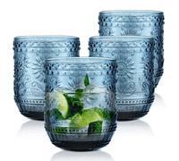 Joeyan Bicchiere Acqua Vetro Colorati, Set di 4, Blu Bicchieri Impilabili da 360 ml Bicchiere con Fiore Moderni in Rilievo, per Succhi, Birra, Cocktail, Limonata, Succo Lavabile in Lavastoviglie