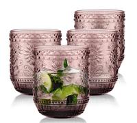 Joeyan Bicchiere Acqua Vetro Colorati, Set di 4, Viola Bicchieri Impilabili da 360 ml Bicchiere con Fiore Moderni in Rilievo, per Succhi, Birra, Cocktail, Limonata, Succo Lavabile in Lavastoviglie