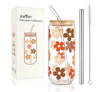 Joeyan Bicchiere in vetro da 600 ml, con coperchio e cannuccia, a forma di fiore, per long drink per caffè freddo, bolle, tè e frullati, idea regalo
