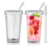 Joeyan Set di 2 bicchieri da 375ml in vetro Ripple con cannuccia e coperchio, bicchieri trasparenti per bevande fredde e calde come caffè, tè e acqua. Perfetti per casa, cucina o ufficio