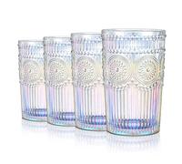 Joeyan Set di 4 bicchieri da 370 ml Iridescent Romantic, bicchieri in vetro a rilievo per acqua, succo, cocktail e altre bevande, tumbler vintage colorati per casa e regalo per il bar.