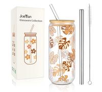 Joeyan Tazza da Bere in Vetro 600ml Con Coperchi e Cannucce in Bambù - Decorata Con Motivi a Foglie, Tumbler per Caffè Ghiacciato, Bubble Tea - Regalo per Anniversari, Compleanni, Natale