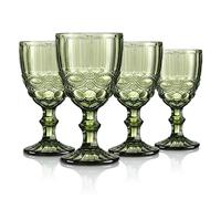 Joeyan Verde Vintage Bicchiere da Vino Vetro con Sollievo,Colorato Bicchieri da Vino Bianco per Cocktail Cava Acqua,300 ml,Set da 4 Pezzi,Lavabile in Lavastoviglie