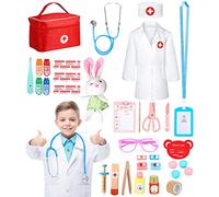 JOFLVA Valigetta Dottore Bambini, Kit Legno Dottore Bambini Giocattolo con, con Vero stetoscopio, termometro, Valigetta Dentista, Gioco di Ruolo Rosso per Ragazze e Ragazzi di 3, 4, 5 Anni