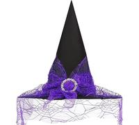 JOFONY Cappello da strega per Halloween, cappello da strega viola, con velo, accessorio per strega, per Halloween, feste in maschera