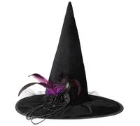 JOFONY Cappello da strega per Halloween, colore nero, con rose e piume, panno in velluto, accessorio per streghe, per Halloween, feste in maschera, feste in maschera
