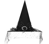 JOFONY Cappello da strega per Halloween, nero, con velo, accessorio per strega, per Halloween, feste in maschera, feste in maschera