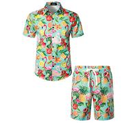 JOGAL Camicia hawaiana da uomo con fenicottero, a maniche corte e pantaloni corti, set da spiaggia, Fenicottero verde frutta, S