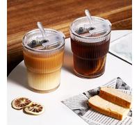 Jognee Tazza in vetro con coperchio e cannuccia, design ermetico, impermeabile, per cappuccino, latte, tè, gelato, tè freddo, Iced Americano, latte, succo (400 ml, 2 pezzi)