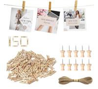 Jogoico 150 Pezzi Mollettine Legno Piccole 2,5 cm, Mini Mollette da Bucato in Legno Decorative per Foto con 10 Pioli e Corda di iuta per Cartoline, Matrimonio, Festa, Scrapbooking DIY, Natale