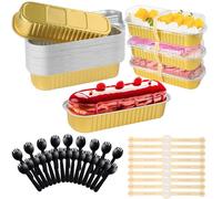 Jogoico 30 Pezzi Mini Teglie per Pane con Coperchi e Cucchiai 200ML Contenitori Rettangolari per Cupcake in Alluminio Riutilizzabili Torte Durian Dessert Picnic Crema Cheesecake Oro