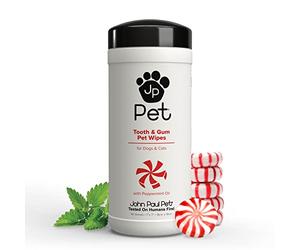 John Paul Pet Salviette per denti e gengive per cani e gatti, 2 in 1, infuse con olio di menta piperita, pulisce in modo sicuro la placca, 45 pezzi
