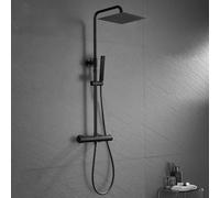 JOHO Colonna Doccia Nero con Rubinetto Termostatico in Acciaio INOX 304 Colonna Doccia idromassaggio con Soffione con Miscelatore Set Doccia a Pioggia con Doccetta(25×25cm Quadrato)