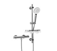 Görbach Colonna Doccia con Tubinetto Doccia e Set Asta per Doccia con Mensola, Termostato Miscelatore Doccia + Barra Doccia in Acciaio inox 70 cm con Doccetta e Tubo, Cromato
