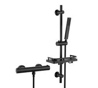 JOHO Termostatico Nero Colonna Doccia con Tubinetto Termostatico Doccia, Set Asta per Doccia con Mensola, Termostato Miscelatore Doccia + Barra Doccia in Acciaio inox 70 cm con Doccetta e Tubo