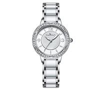 Joielavie Orologio rotondo con lancette luminose e numeri arabo, al quarzo, decorato con strass, vetro minerale, cinturino in ceramica e lega, regalo da donna,