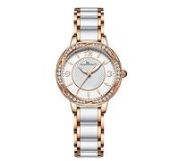 Joielavie Orologio rotondo con lancette luminose e numeri arabo, al quarzo, decorato con strass, vetro minerale, cinturino in ceramica e lega, regalo da donna,