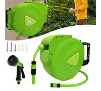 JOIEYOU Avvolgitubo automatico, avvolgitubo avvolgitubo da giardino, tubo da giardino con arresto, con doccetta e connettori, 30 m + 2 m, verde