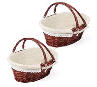 JOIKIT Confezione da 2 cestini in vimini intrecciato con manico, cestino ovale in vimini con fodera in tessuto di lino, cestino in vimini marrone per uova, caramelle, regali, 30 x 23 x 12 cm