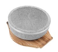 JOINPAYA Ciotola in Pietra Naturale per Bibimbap Coreano 800 Ml con Vassoio in Legno Carbonizzato 18 Cm Resistente Alte Temperature per Cucina Coreana e Uso Quotidiano