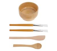 JOINPAYA Set 5 Pezzi Accessori di Bellezza per Maschere Fai da Te Ciotola in Legno Naturale 10-12 Cm, Pennelli e Bastoncino per Mescolare, Kit Portatile per Uso Domestico e Viaggi
