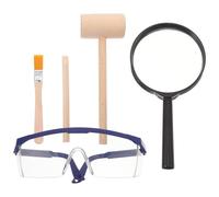 JOINPAYA Strumento di scavo in legno dinosauro scavo: 5 pezzi 14.00X4.00X2.00cm Kit archeologico Hammer Brush Lente d'ingrandimento Occhiali Scienza educativa per fingere di giocare