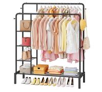 JOISCOPE Allargarsi Appendiabiti, 165x120cm Appendiabiti da Terra con 2 Appendiabito, 4 Ganci, 3 Ripiani Laterali e 1 Portascarpe Inferiori Stand Appendiabiti Multifunzionale con Ripiano, Nero