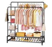JOISCOPE Allargarsi Appendiabiti, 170x120cm Appendiabiti da Terra con 2 Appendiabito, 4 Ganci, 3 Ripiani Laterali e 2 Portascarpe Inferiori Stand Appendiabiti Multifunzionale con Ripiano, Nero