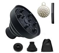 JOIYHY Diffusore Capelli Ricci in Silicone, Adattabile a Asciugacapelli con Diametro 4.2-4.8cm, Diffusore Pieghevole Capelli Ricci, Viene Fornito con Borsa, Spazzola per Shampoo e Pettine(Nero)